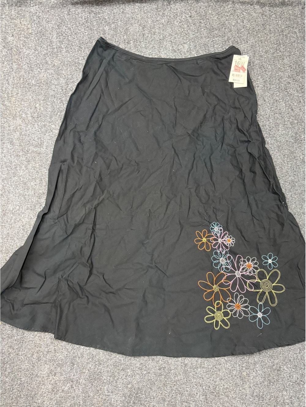 Vintage Black Skirt with Colorful Floral Embroidery Size 16W